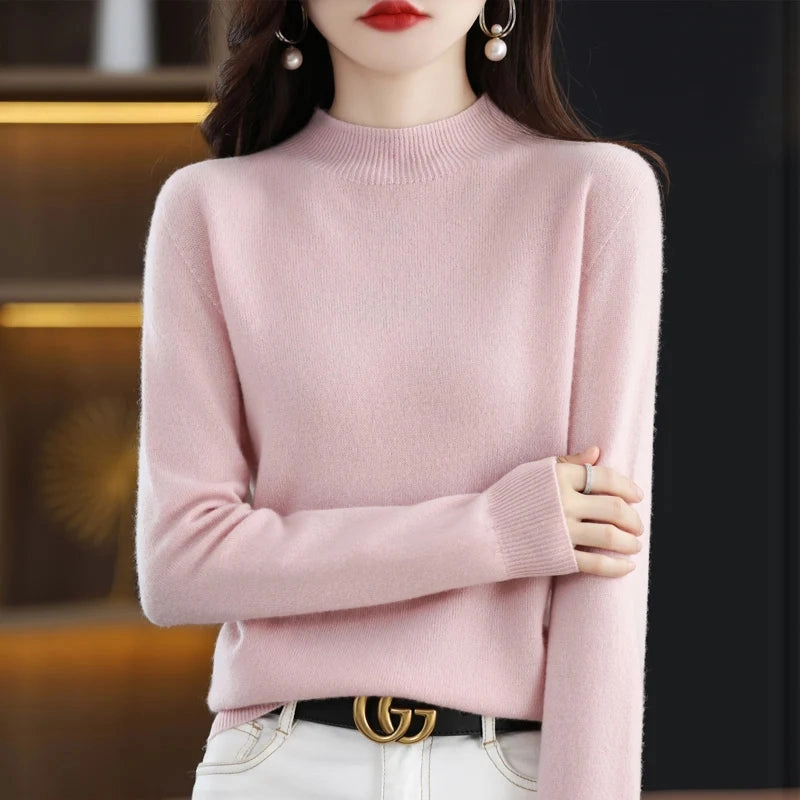 100% Merino Wool Cashmere Sweater Women's Semi-High Neck Pullover for Autumn and Winter Warmth