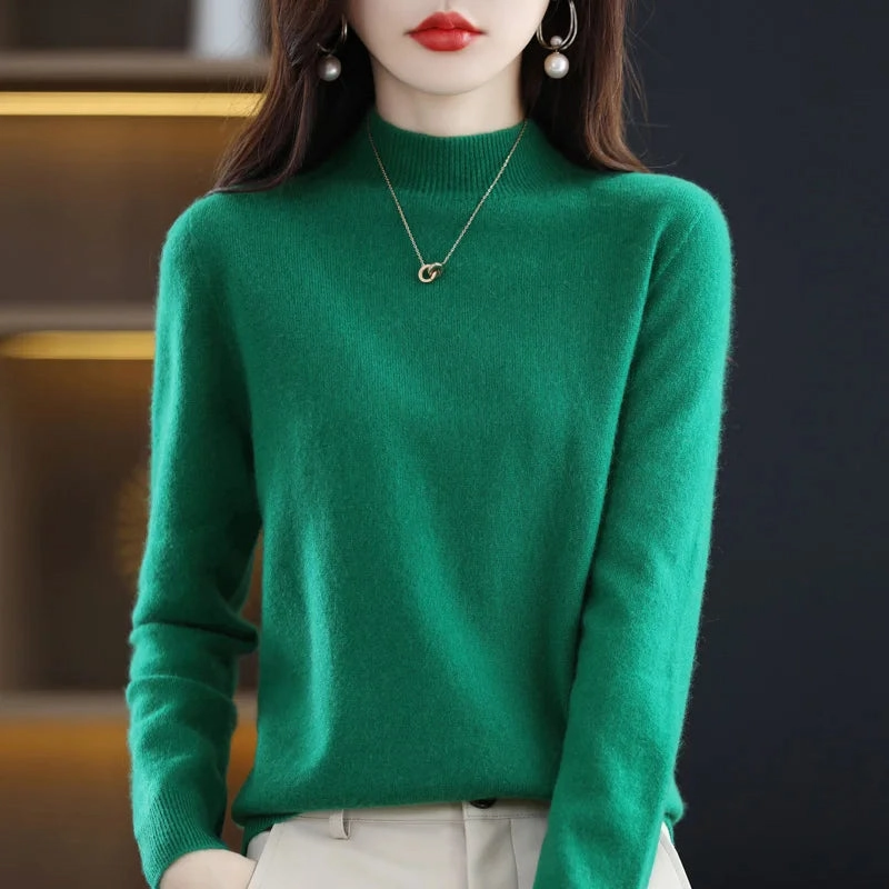 100% Merino Wool Cashmere Sweater Women's Semi-High Neck Pullover for Autumn and Winter Warmth