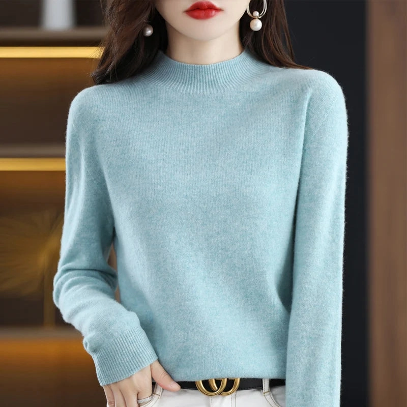 100% Merino Wool Cashmere Sweater Women's Semi-High Neck Pullover for Autumn and Winter Warmth