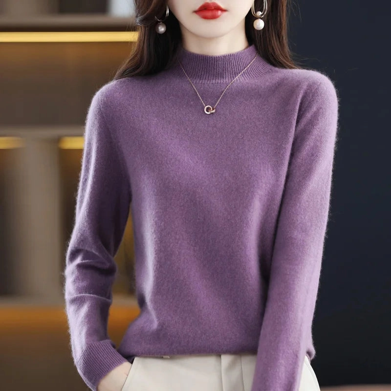 100% Merino Wool Cashmere Sweater Women's Semi-High Neck Pullover for Autumn and Winter Warmth