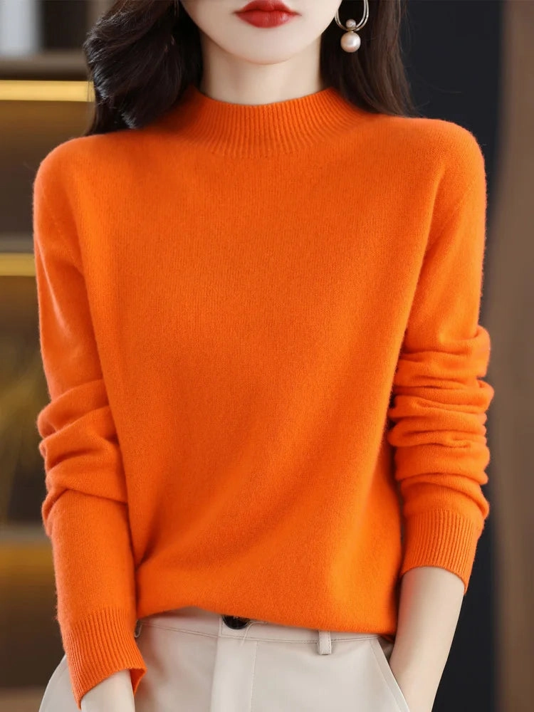 100% Merino Wool Cashmere Sweater Women's Semi-High Neck Pullover for Autumn and Winter Warmth