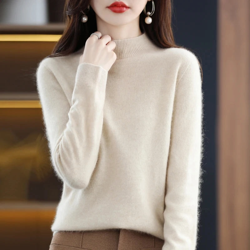 100% Merino Wool Cashmere Sweater Women's Semi-High Neck Pullover for Autumn and Winter Warmth