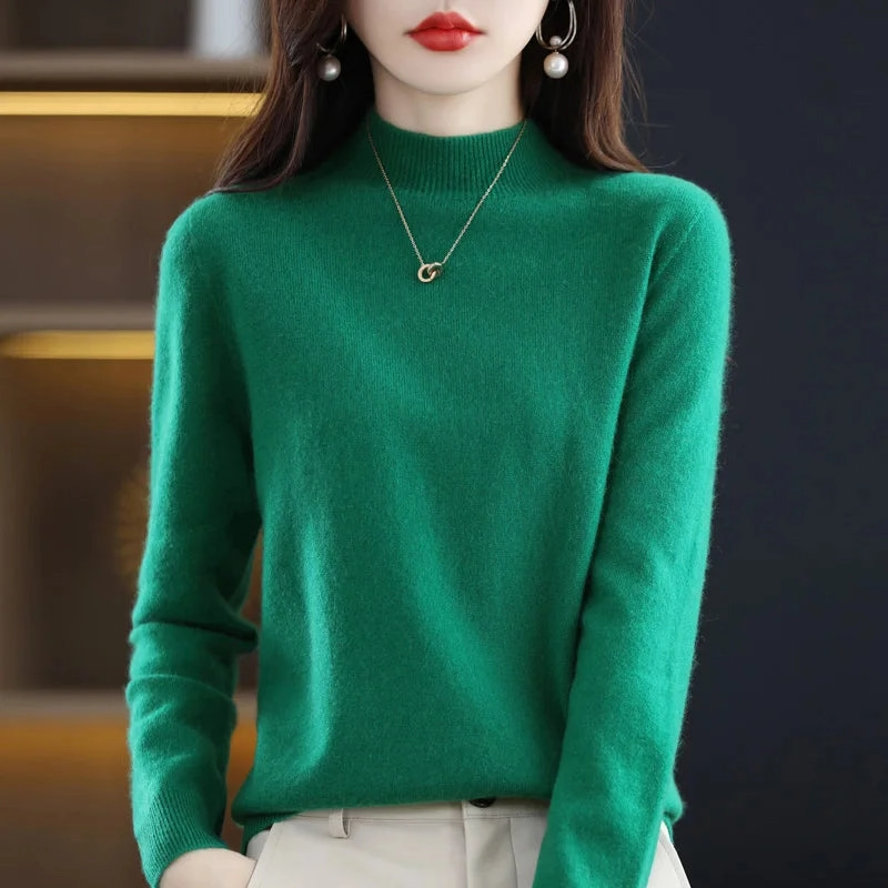 100% Merino Wool Cashmere Sweater Women's Semi-High Neck Pullover for Autumn and Winter Warmth