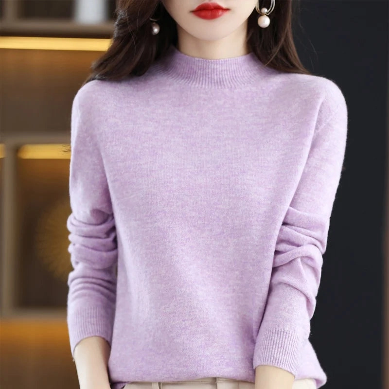 100% Merino Wool Cashmere Sweater Women's Semi-High Neck Pullover for Autumn and Winter Warmth