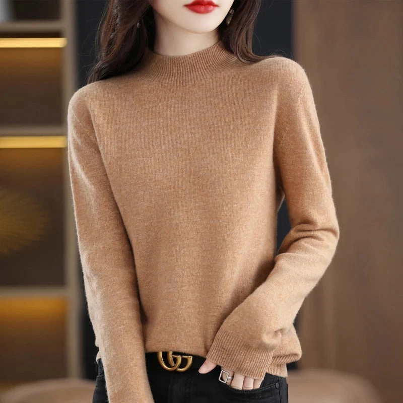 100% Merino Wool Cashmere Sweater Women's Semi-High Neck Pullover for Autumn and Winter Warmth