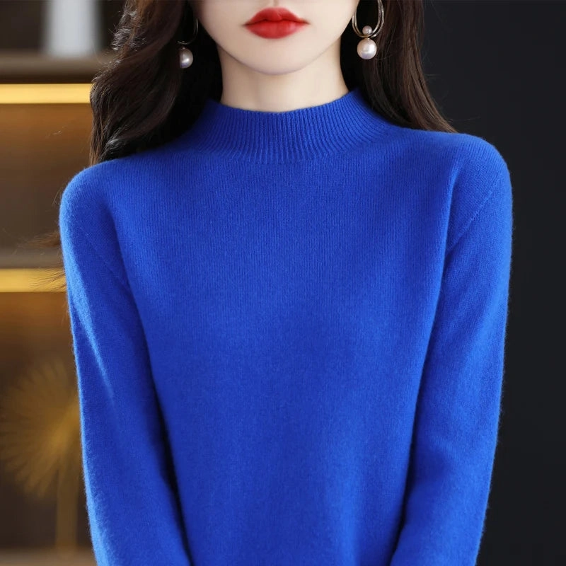 100% Merino Wool Cashmere Sweater Women's Semi-High Neck Pullover for Autumn and Winter Warmth