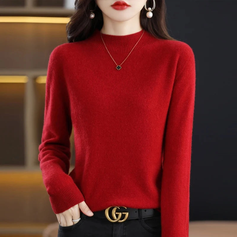 100% Merino Wool Cashmere Sweater Women's Semi-High Neck Pullover for Autumn and Winter Warmth