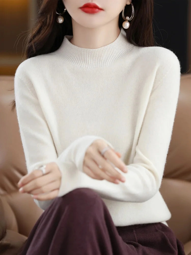 100% Merino Wool Cashmere Sweater Women's Semi-High Neck Pullover for Autumn and Winter Warmth