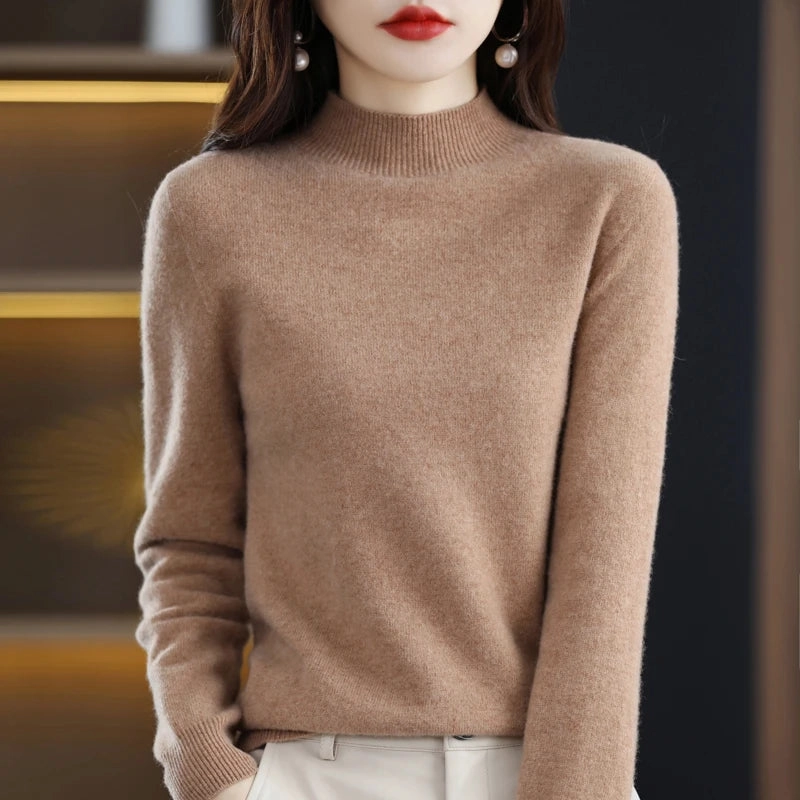 100% Merino Wool Cashmere Sweater Women's Semi-High Neck Pullover for Autumn and Winter Warmth