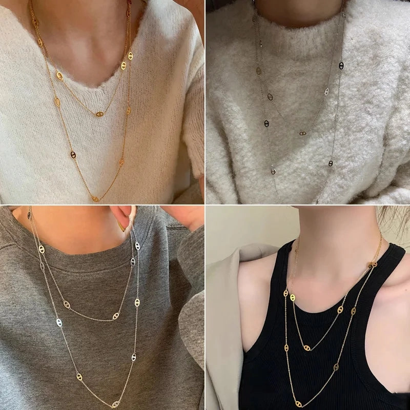 120cm Long Style 316L Stainless Steel Fashion Necklace for Women Minimalist Gold Silver Color Sweater Chain Jewelry