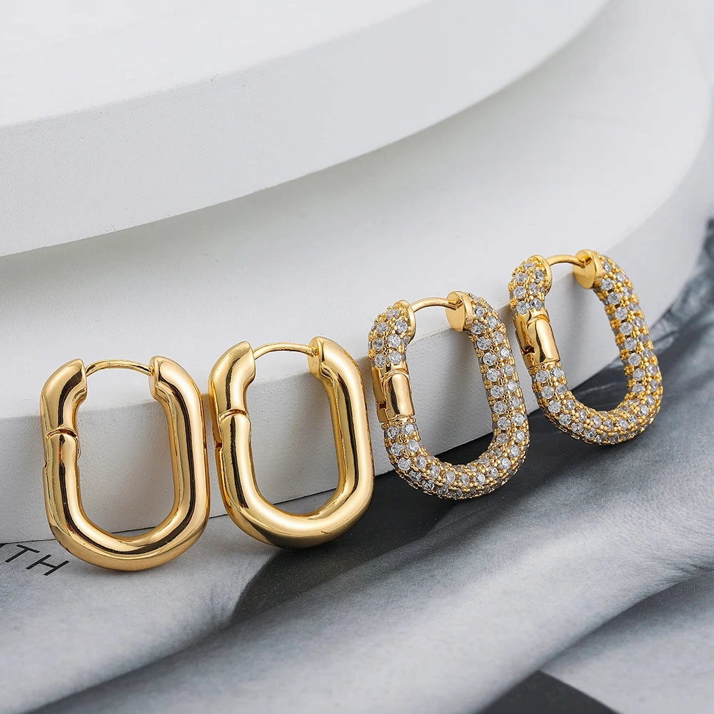 14k Gold Plated U Shape Geometric Hoop Earrings CZ Jewelry