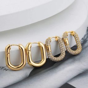 14k Gold Plated U Shape Geometric Hoop Earrings CZ Jewelry