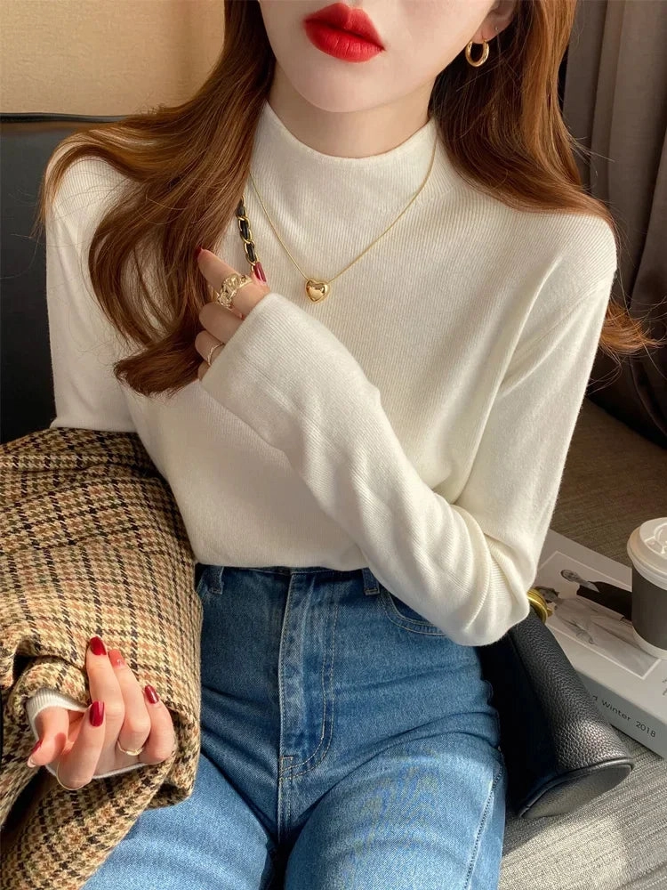 2025 Autumn Women Pullover Sweater Half Turtleneck Soft Jumper