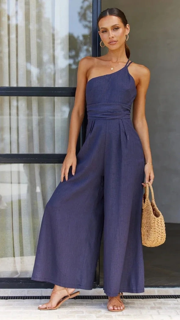 2025 Summer Fashion New Women's Elegant Loose Jumpsuit Cotton Linen Sloping Shoulder Wide Foot Casual Style