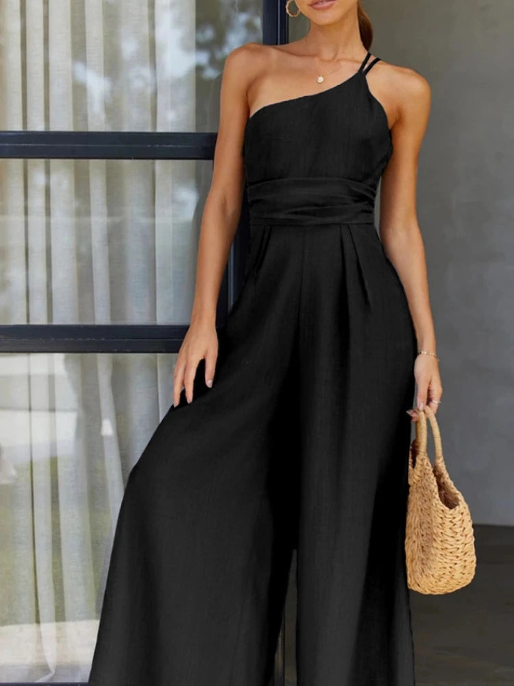 2025 Summer Fashion New Women's Elegant Loose Jumpsuit Cotton Linen Sloping Shoulder Wide Foot Casual Style