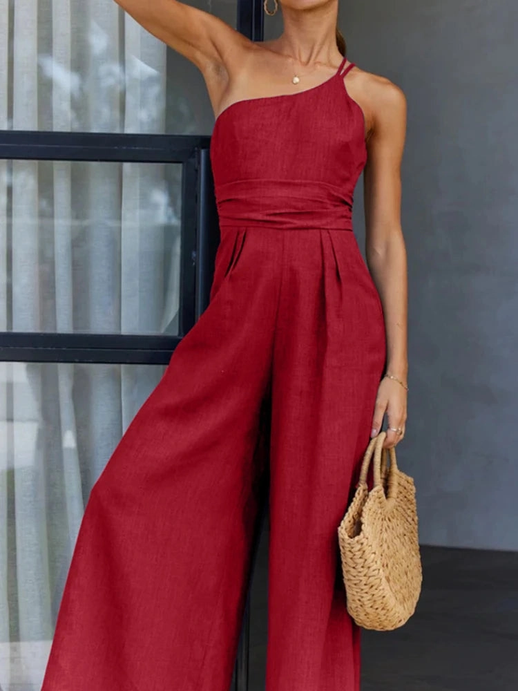 2025 Summer Fashion New Women's Elegant Loose Jumpsuit Cotton Linen Sloping Shoulder Wide Foot Casual Style