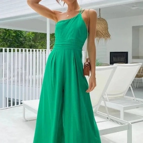 2025 Summer Fashion New Women's Elegant Loose Jumpsuit Cotton Linen Sloping Shoulder Wide Foot Casual Style