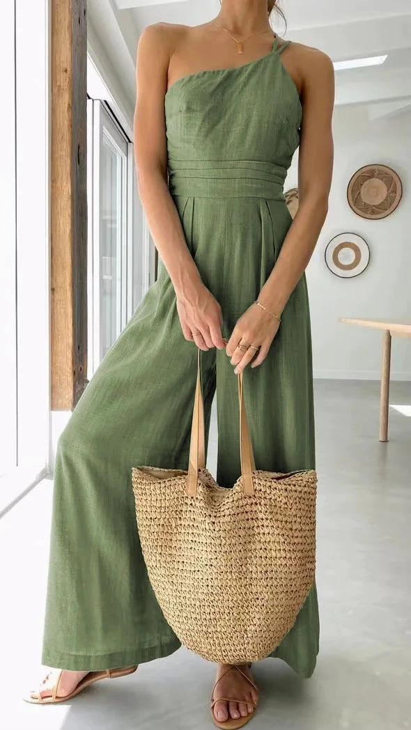 2025 Summer Fashion New Women's Elegant Loose Jumpsuit Cotton Linen Sloping Shoulder Wide Foot Casual Style