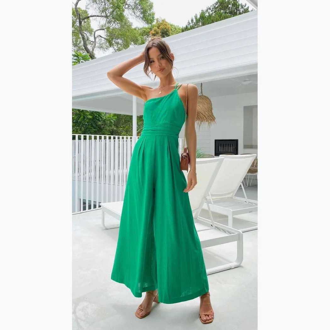 2025 Summer Fashion New Women's Elegant Loose Jumpsuit Cotton Linen Sloping Shoulder Wide Foot Casual Style
