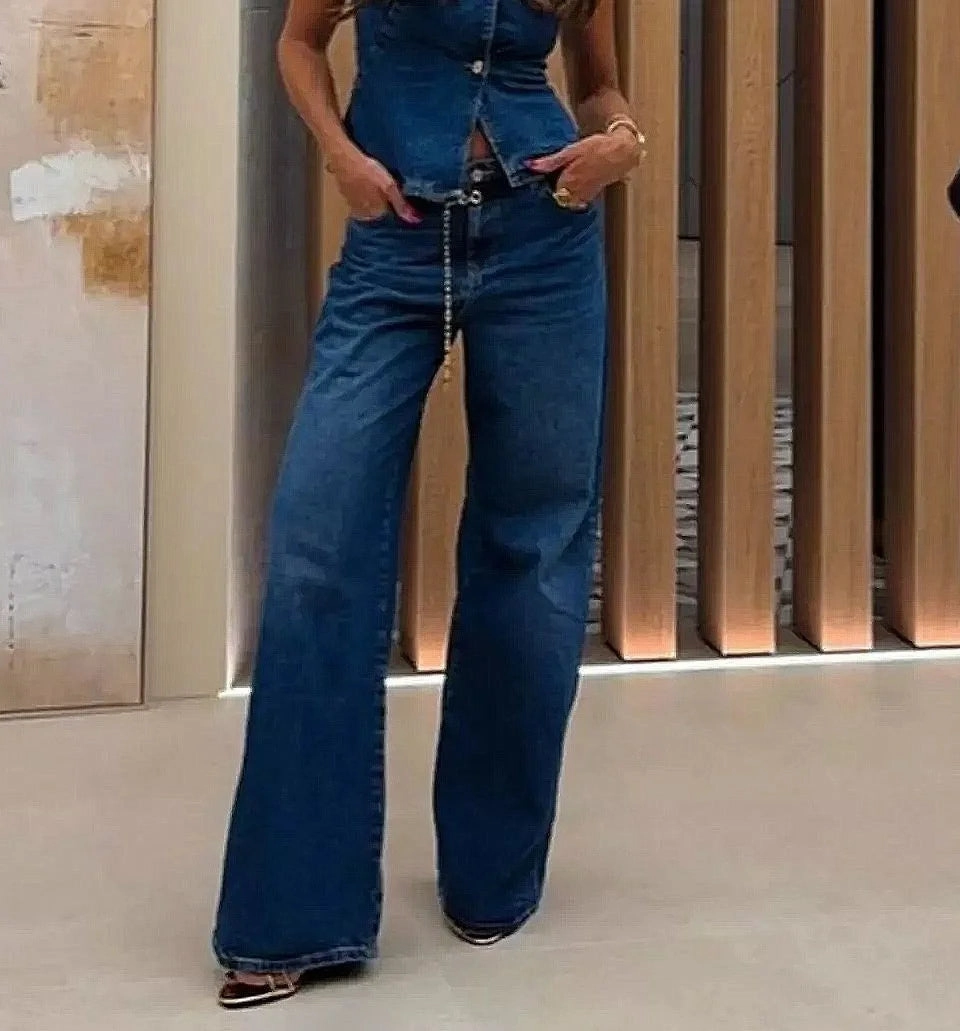 2025 Women Two Piece Set Fashion Sleeveless Slim Vest and Wide Leg Denim Pants Casual Suit for Streetwear and Daily Wear
