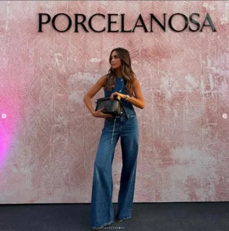2025 Women Two Piece Set Fashion Sleeveless Slim Vest and Wide Leg Denim Pants Casual Suit for Streetwear and Daily Wear