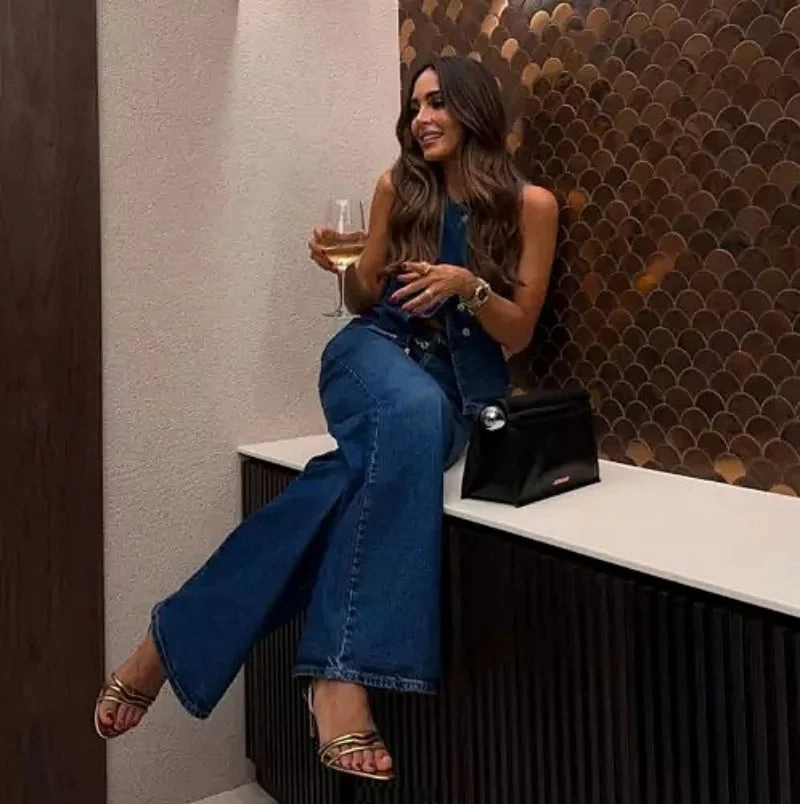2025 Women Two Piece Set Fashion Sleeveless Slim Vest and Wide Leg Denim Pants Casual Suit for Streetwear and Daily Wear