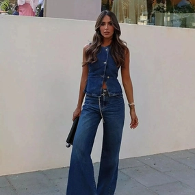 2025 Women Two Piece Set Fashion Sleeveless Slim Vest and Wide Leg Denim Pants Casual Suit for Streetwear and Daily Wear