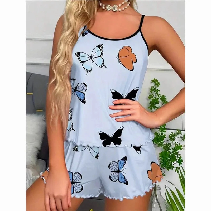 2025 Womens New Butterfly Print Pajama Set Cami Top Ruffle Shorts Comfy Sleepwear Summer Loungewear