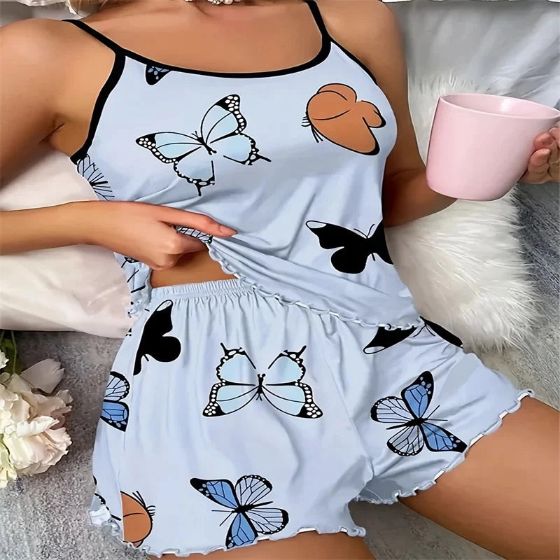 2025 Womens New Butterfly Print Pajama Set Cami Top Ruffle Shorts Comfy Sleepwear Summer Loungewear