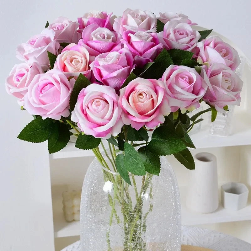 20 Pcs Artificial Velvet Silk Rose Bouquet Real Looking Fake Roses Home Wedding Centerpieces Party Decorations