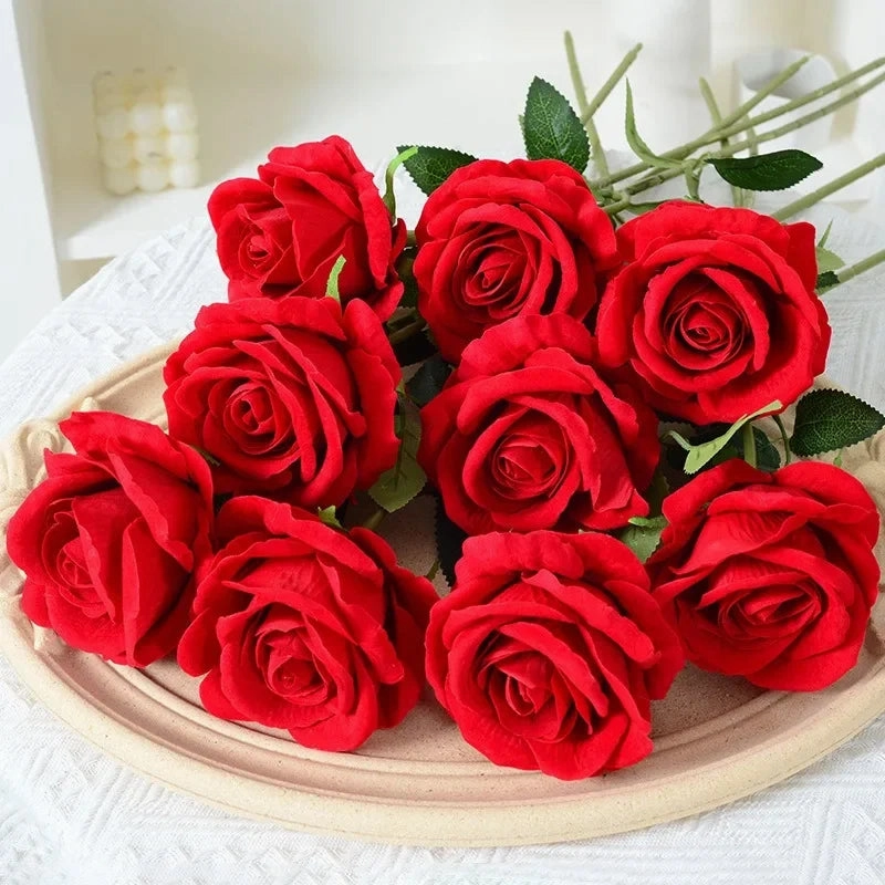 20 Pcs Artificial Velvet Silk Rose Bouquet Real Looking Fake Roses Home Wedding Centerpieces Party Decorations