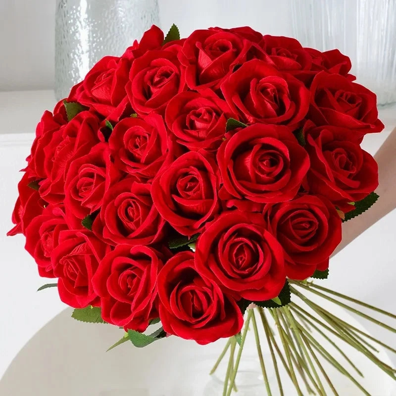 20 Pcs Artificial Velvet Silk Rose Bouquet Real Looking Fake Roses Home Wedding Centerpieces Party Decorations
