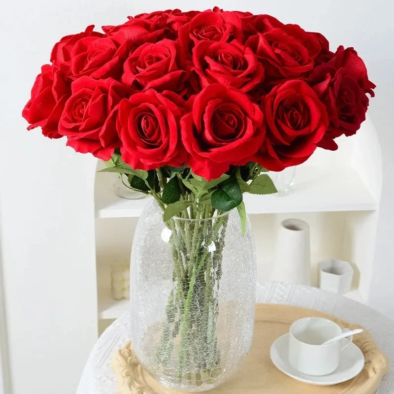 20 Pcs Artificial Velvet Silk Rose Bouquet Real Looking Fake Roses Home Wedding Centerpieces Party Decorations