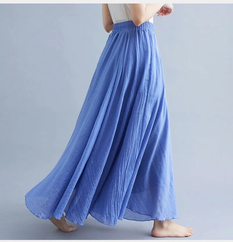 28 Color Mori Girl Cotton Linen Long A Line Dress with Elastic Waist Ethnic Style Solid Color Ankle Length Skirt for Women