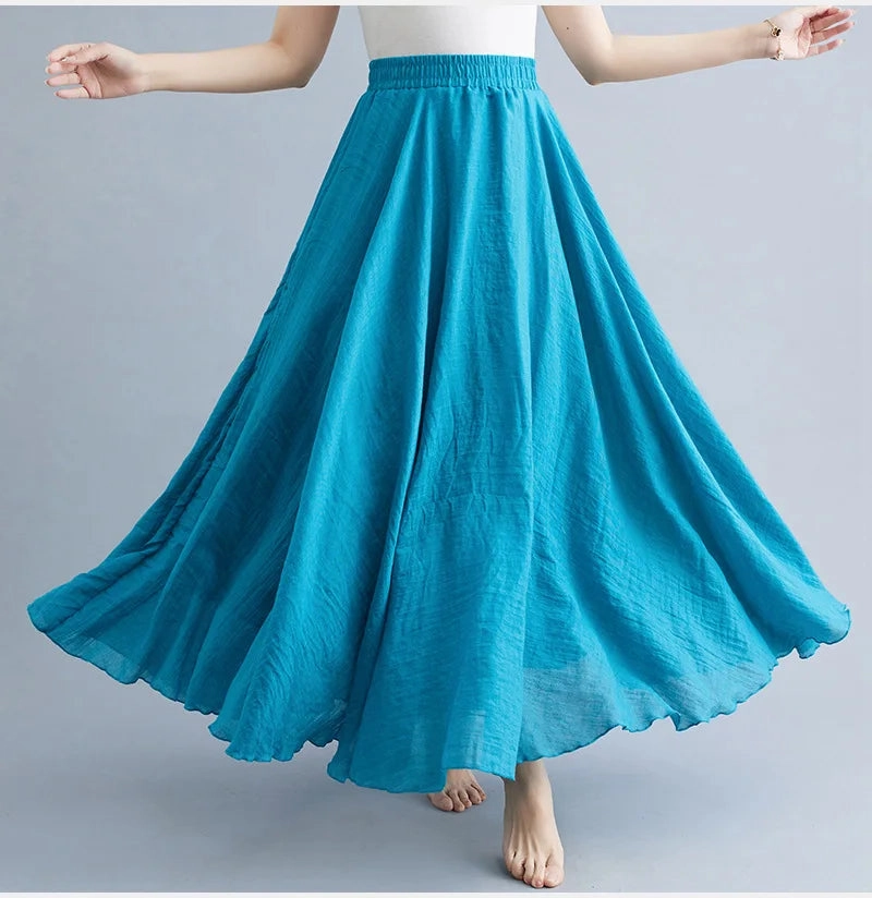 28 Color Mori Girl Cotton Linen Long A Line Dress with Elastic Waist Ethnic Style Solid Color Ankle Length Skirt for Women
