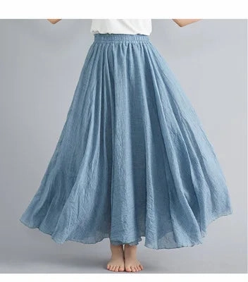 28 Color Mori Girl Cotton Linen Long A Line Dress with Elastic Waist Ethnic Style Solid Color Ankle Length Skirt for Women