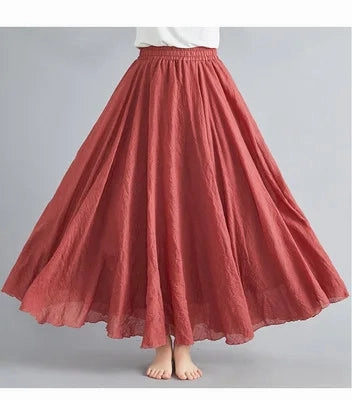 28 Color Mori Girl Cotton Linen Long A Line Dress with Elastic Waist Ethnic Style Solid Color Ankle Length Skirt for Women