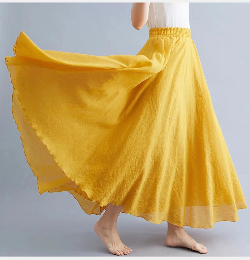 28 Color Mori Girl Cotton Linen Long A Line Dress with Elastic Waist Ethnic Style Solid Color Ankle Length Skirt for Women