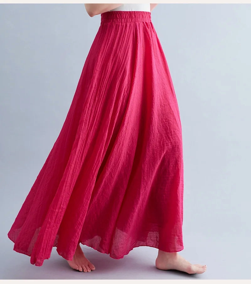 28 Color Mori Girl Cotton Linen Long A Line Dress with Elastic Waist Ethnic Style Solid Color Ankle Length Skirt for Women