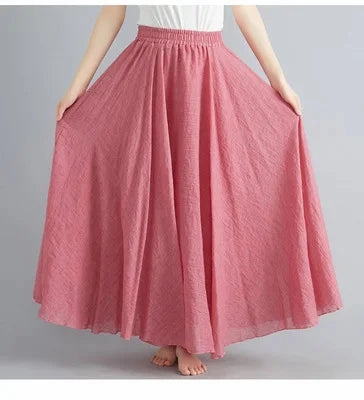 28 Color Mori Girl Cotton Linen Long A Line Dress with Elastic Waist Ethnic Style Solid Color Ankle Length Skirt for Women