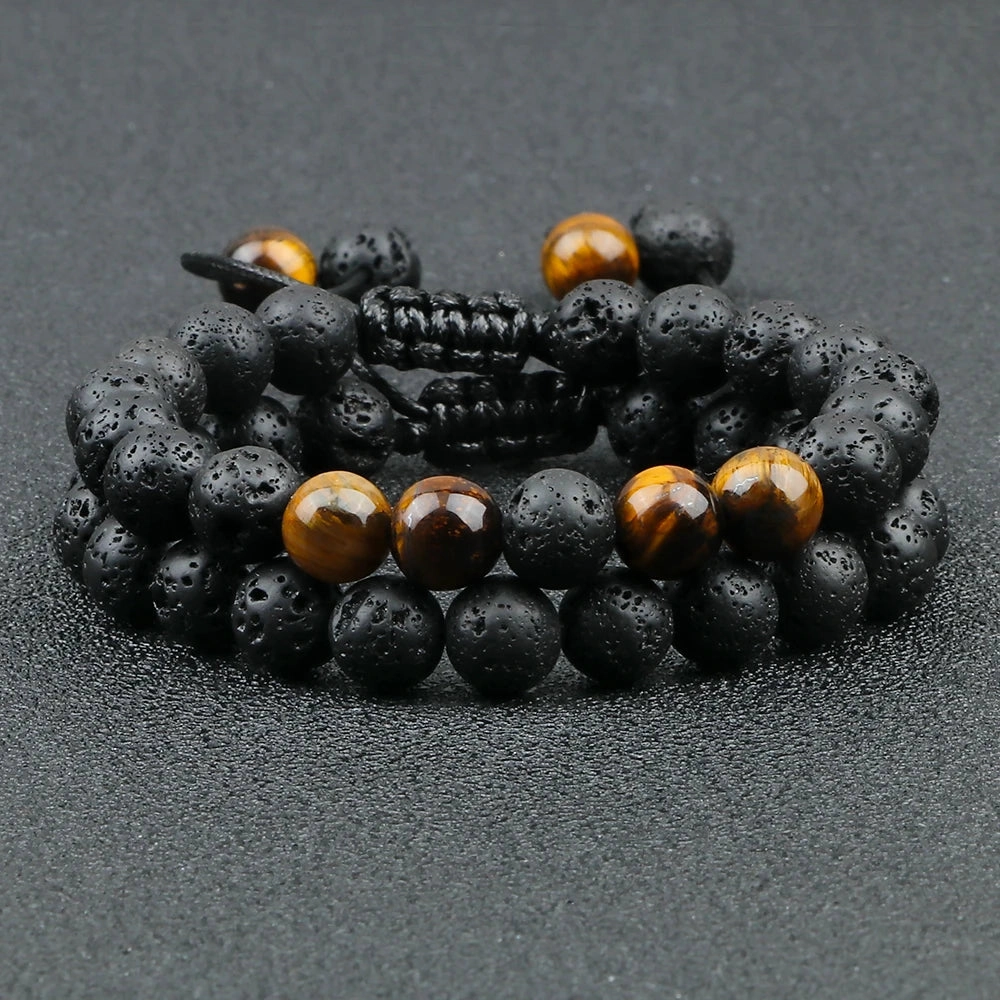 2Pcs Adjustable Braided Natural Stone Beads Bracelets For Couples Yoga Jewelry Tiger Eye Lava Charms