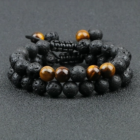 2Pcs Adjustable Braided Natural Stone Beads Bracelets For Couples Yoga Jewelry Tiger Eye Lava Charms