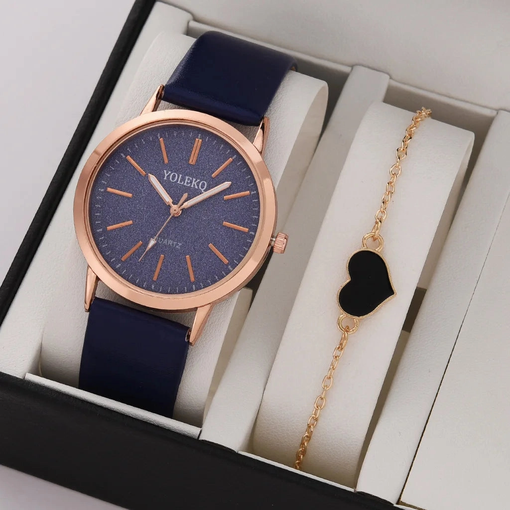 2pcs Set Women Watches Fashion Casual Ladies Quartz Wristwatches Leather Strap for Stylish Gifts