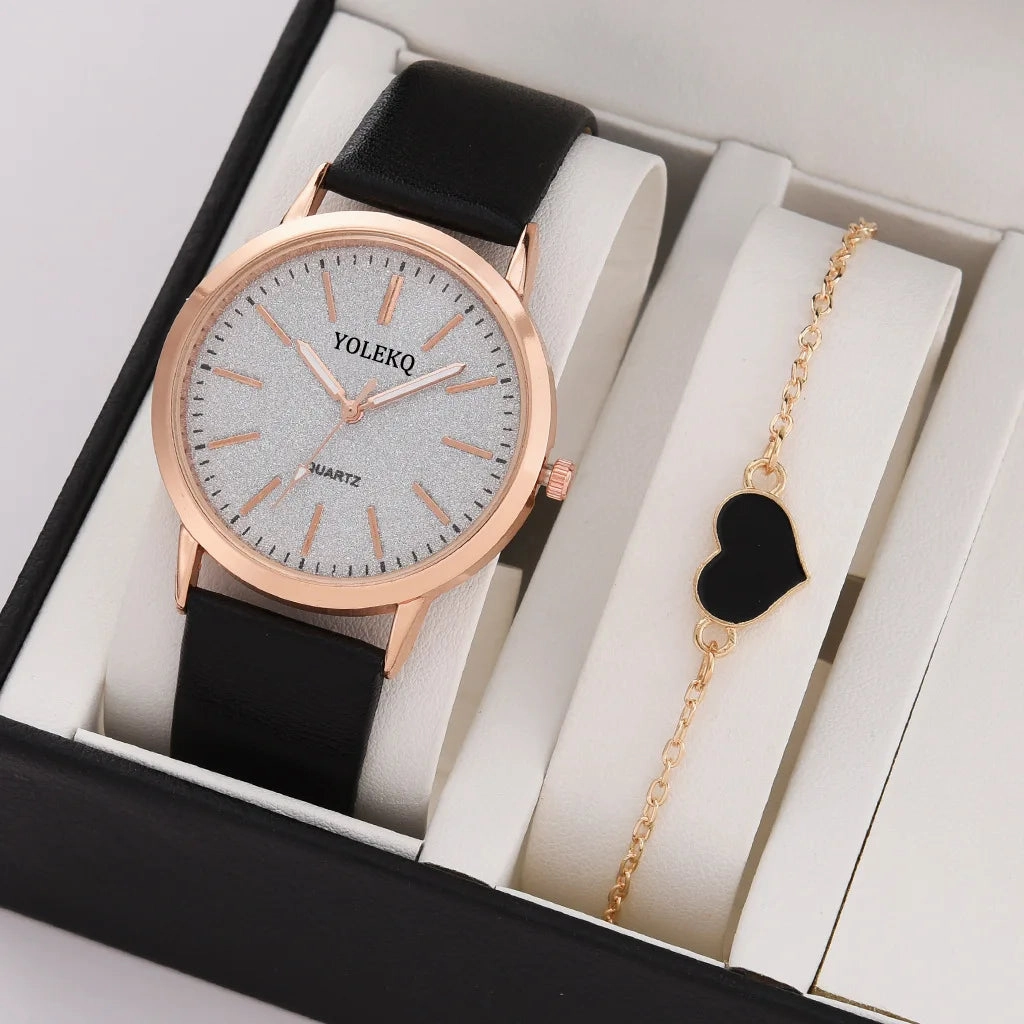 2pcs Set Women Watches Fashion Casual Ladies Quartz Wristwatches Leather Strap for Stylish Gifts