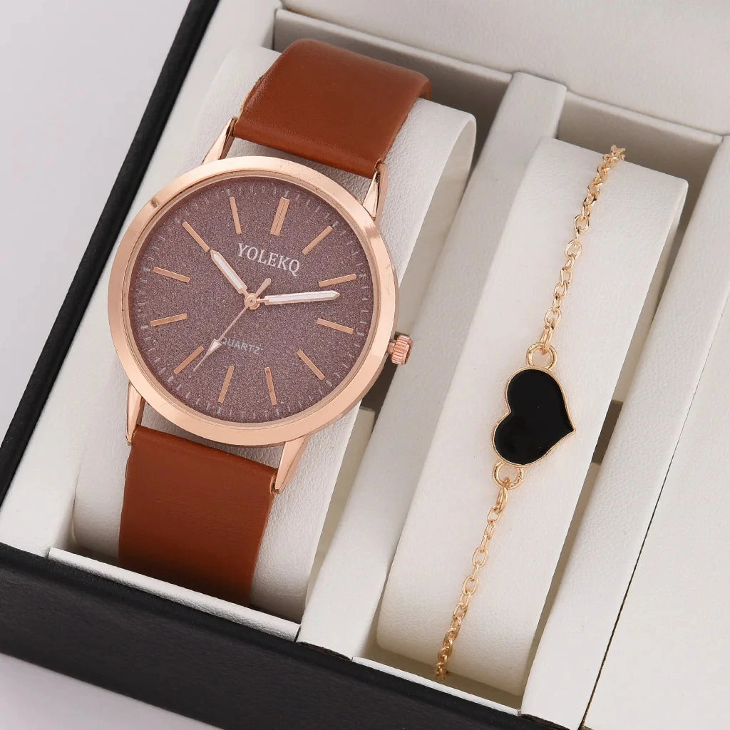 2pcs Set Women Watches Fashion Casual Ladies Quartz Wristwatches Leather Strap for Stylish Gifts