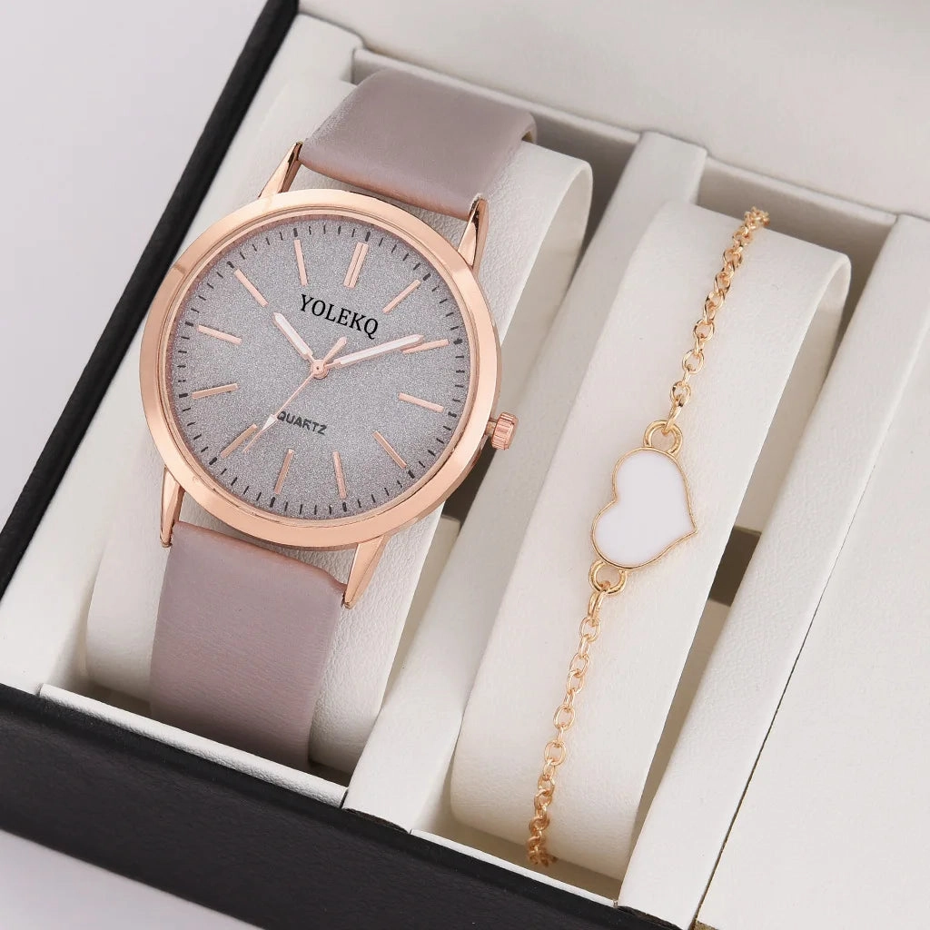 2pcs Set Women Watches Fashion Casual Ladies Quartz Wristwatches Leather Strap for Stylish Gifts