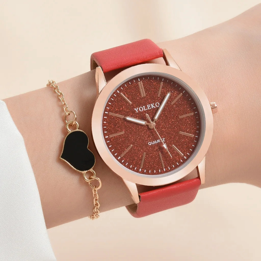 2pcs Set Women Watches Fashion Casual Ladies Quartz Wristwatches Leather Strap for Stylish Gifts