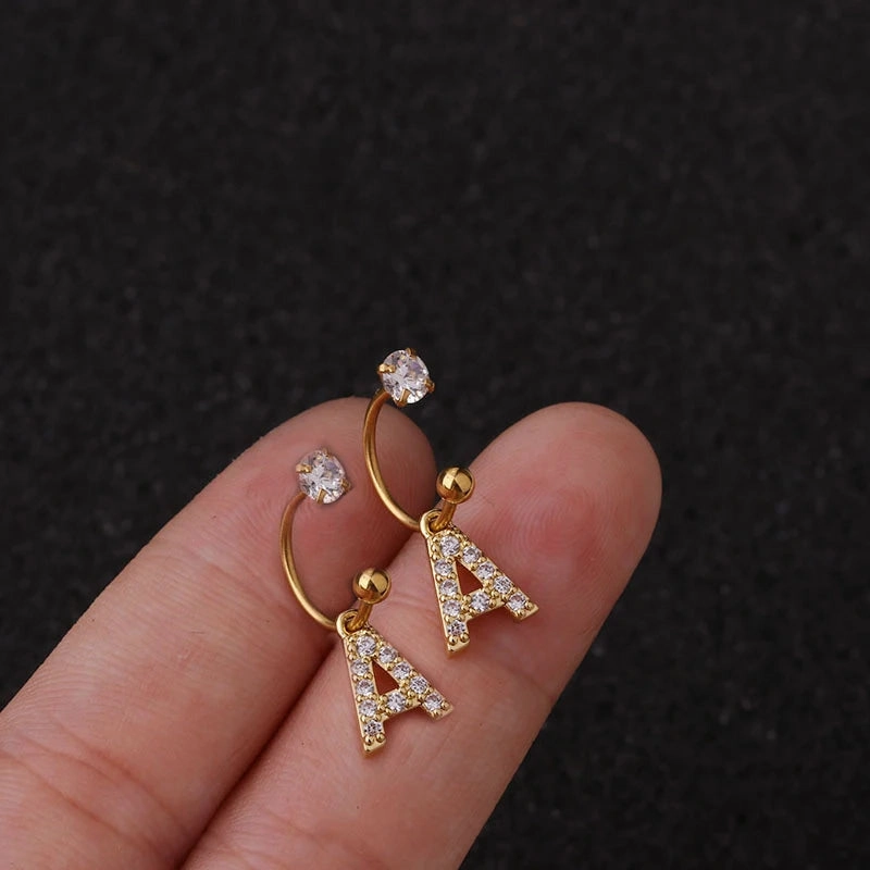 2PCS Stainless Steel Small Crystal CZ 26 Letter Ear Studs Earring Women Hoop Helix Tragus Jewelry