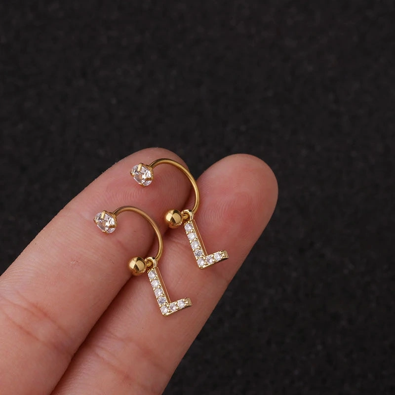 2PCS Stainless Steel Small Crystal CZ 26 Letter Ear Studs Earring Women Hoop Helix Tragus Jewelry