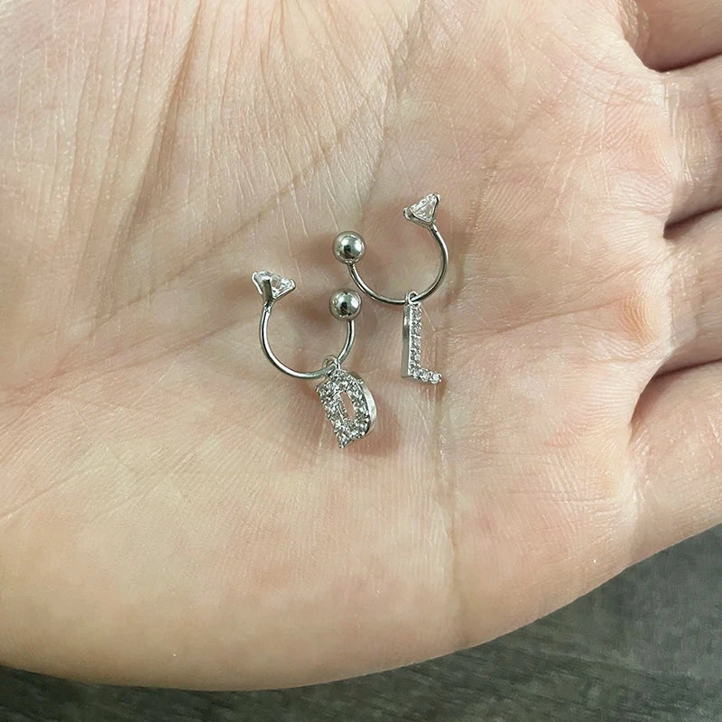 2PCS Stainless Steel Small Crystal CZ 26 Letter Ear Studs Earring Women Hoop Helix Tragus Jewelry
